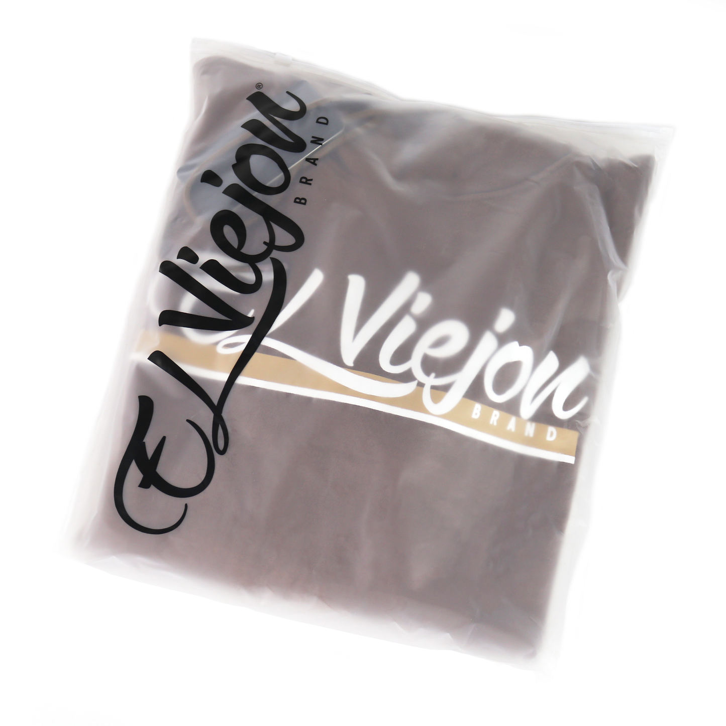 Alpha brown cotton/poly fleece hoodie, folded and sealed in a clear bag with "El Viejon Brand" logo.