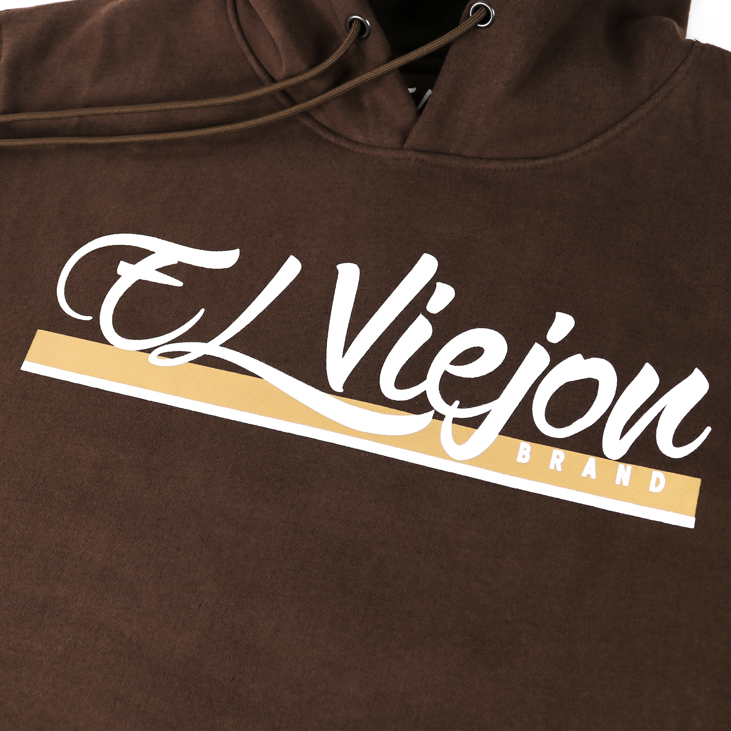 Alpha brown cotton/poly fleece hoodie with white "El Viejon" script logo and "BRAND" on a tan stripe.