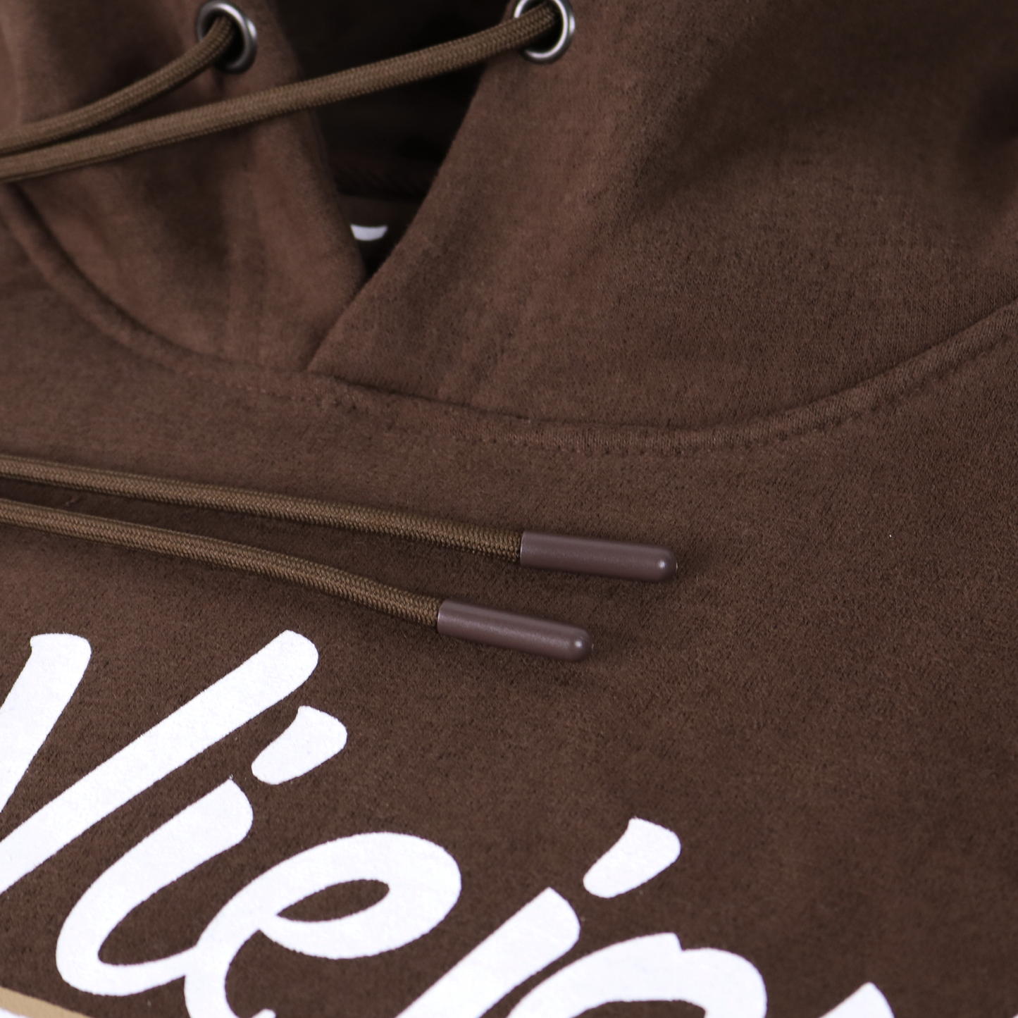 Alpha brown cotton/poly fleece hoodie with white screen-printed logo and brown drawstrings.