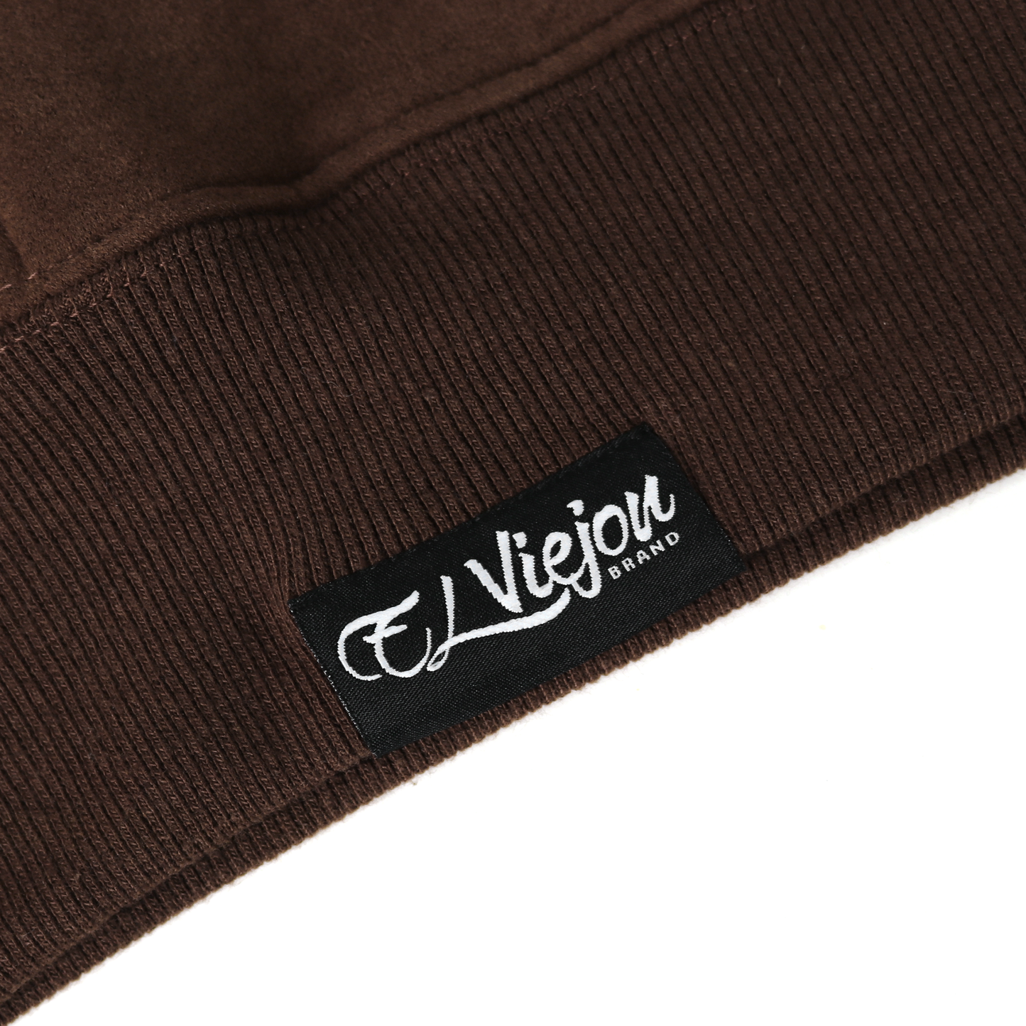Close-up of an Alpha brown cotton/poly fleece hoodie with a black "El Viejou Brand" label.