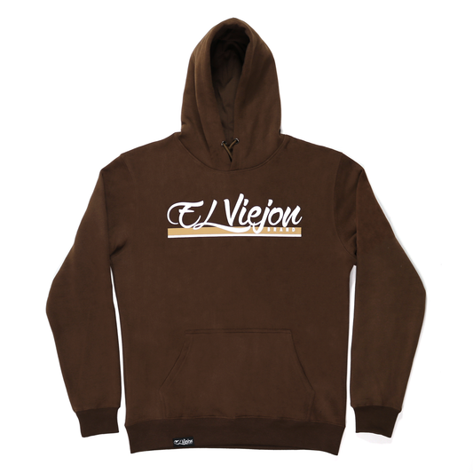 Alpha brown cotton/poly fleece hoodie with white "El Viejon Brand" screen-printed logo and front pocket.