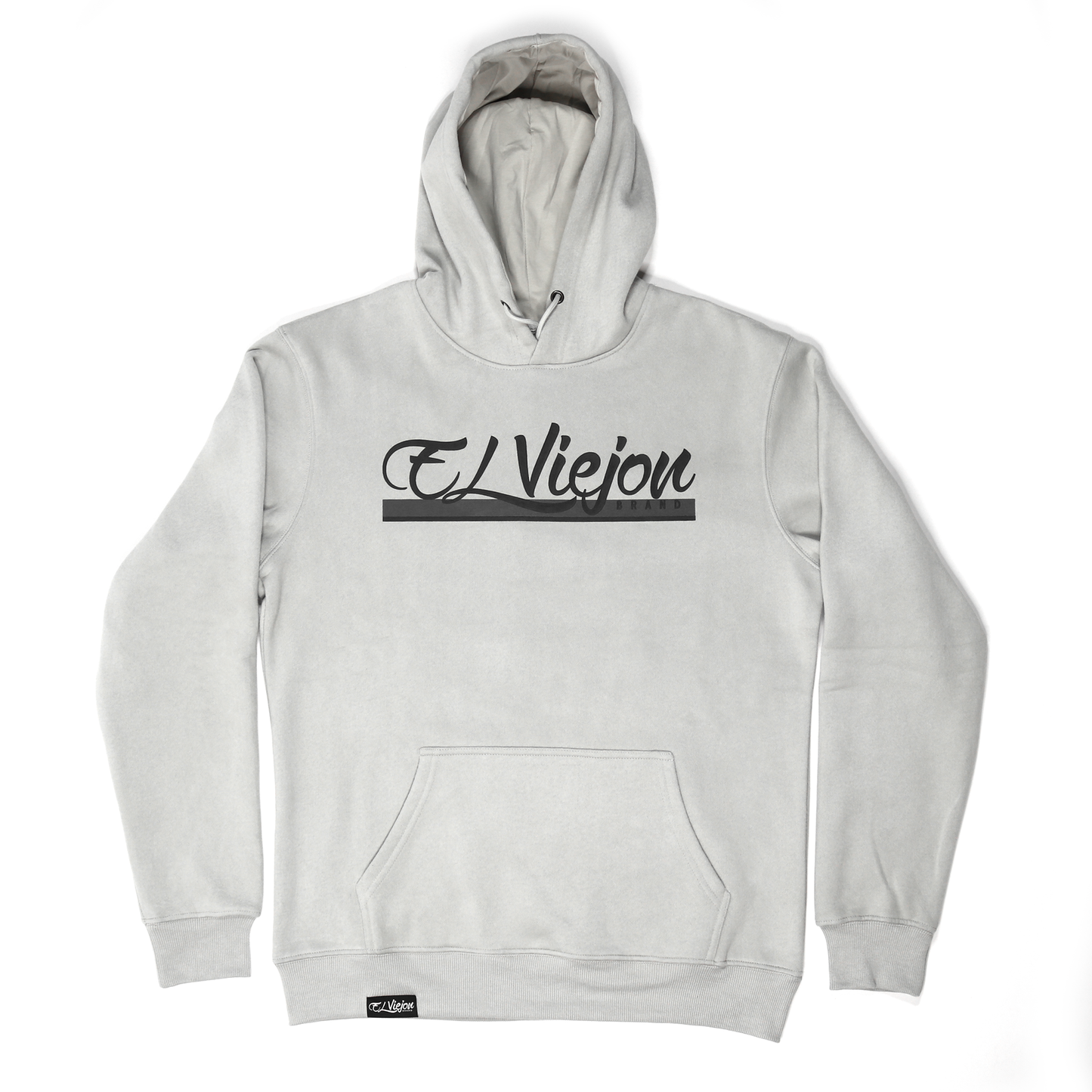Light grey cotton/poly fleece hoodie with a black "El Viejon Brand" screen-printed logo and front pocket.