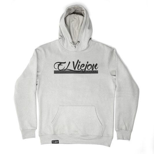Light grey cotton/poly fleece hoodie with a black "El Viejon Brand" screen-printed logo and front pocket.