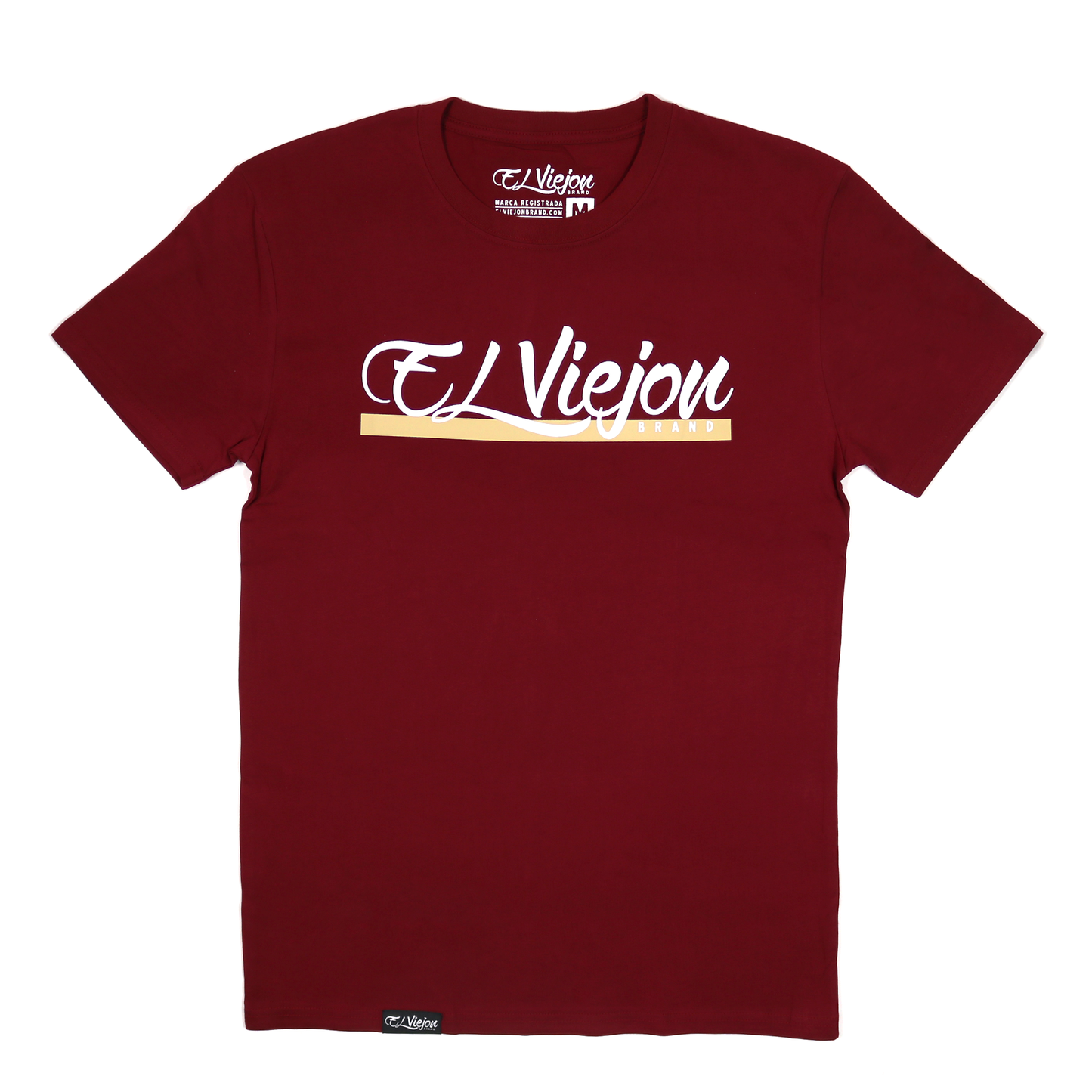Maroon 100% cotton Alpha shirt with white "El Viejon" screen-printed logo and gold accent.