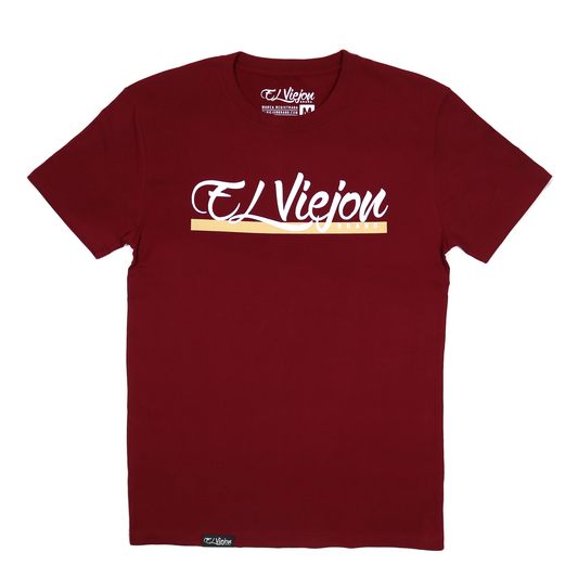 Maroon 100% cotton Alpha shirt with white "El Viejon" screen-printed logo and gold accent.