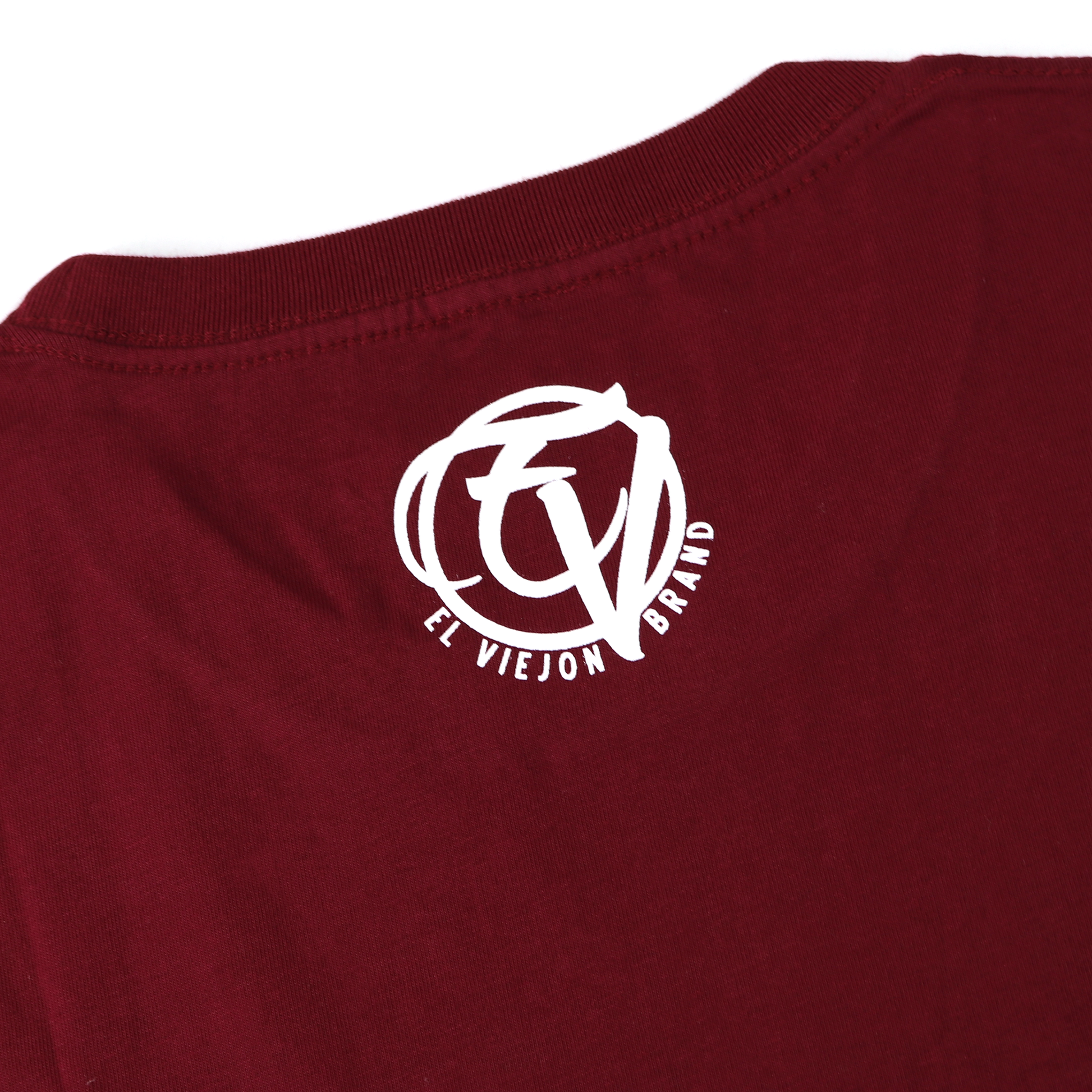 Maroon Alpha Shirt with white "El Viejon Brand" logo screen-printed on the back, 100% cotton.