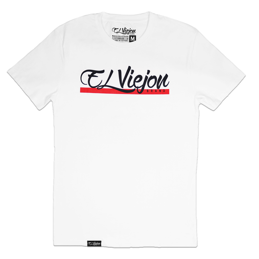 White 100% cotton Alpha shirt with "El Viejon Brand" logo and red stripe, size M.