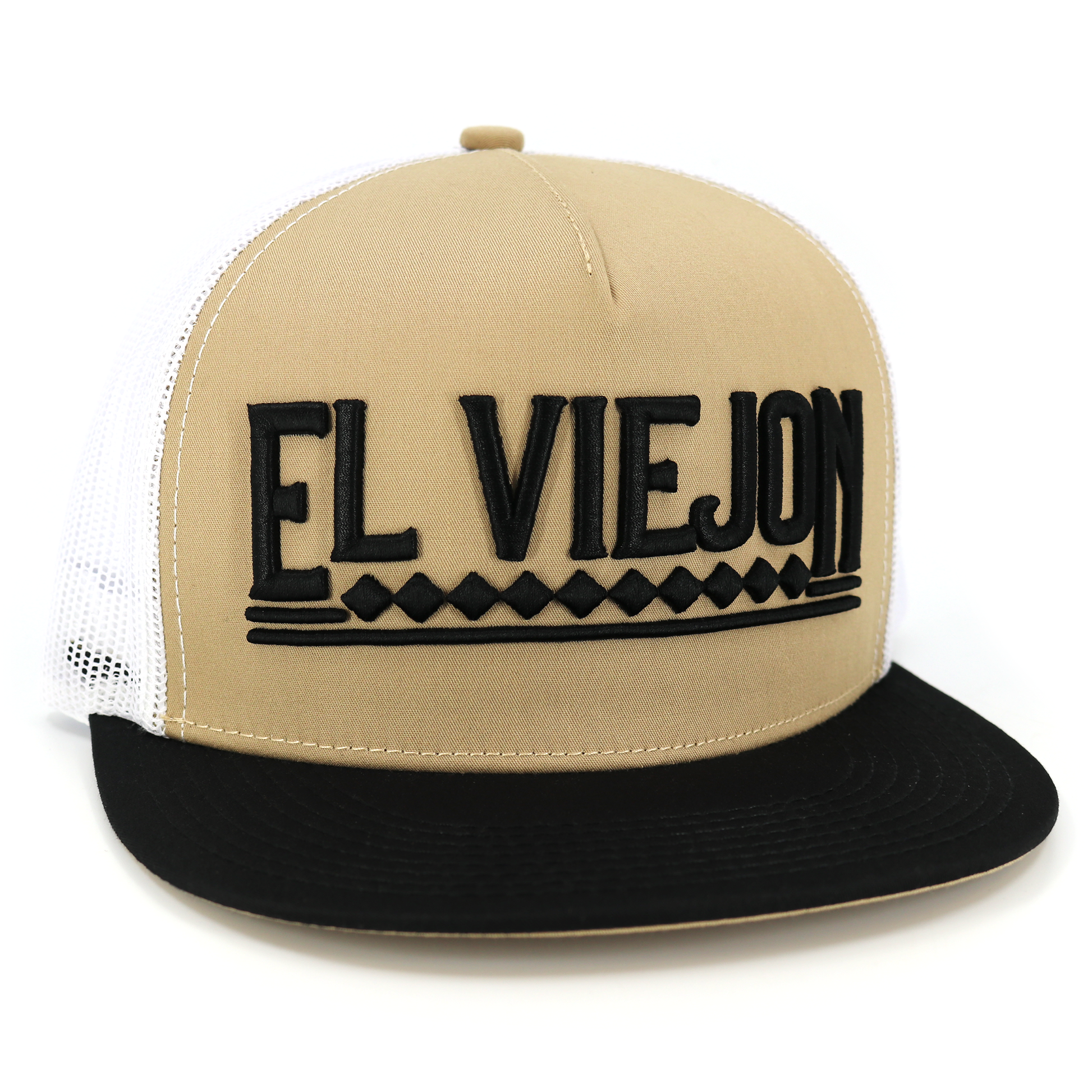Apache Black/Khaki/White flat visor hat with "EL VIEJON" embroidered, khaki front, black brim, and white mesh.
