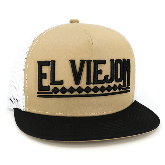 Apache Black/Khaki/White flat visor hat with "EL VIEJON" embroidered, khaki front, black brim, and white mesh.
