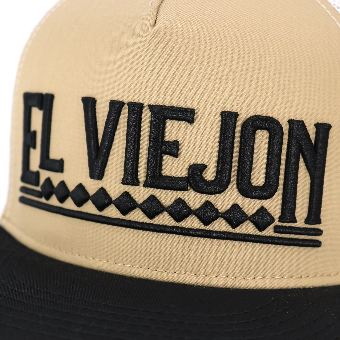 Apache Black/Khaki/White flat visor hat with "EL VIEJON" embroidered in black, khaki crown, and black brim.