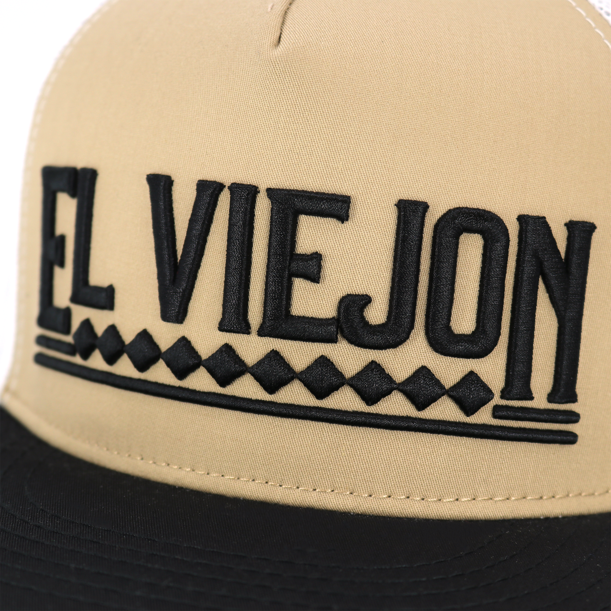 Apache Black/Khaki/White flat visor hat with "EL VIEJON" embroidered in black, khaki crown, and black brim.