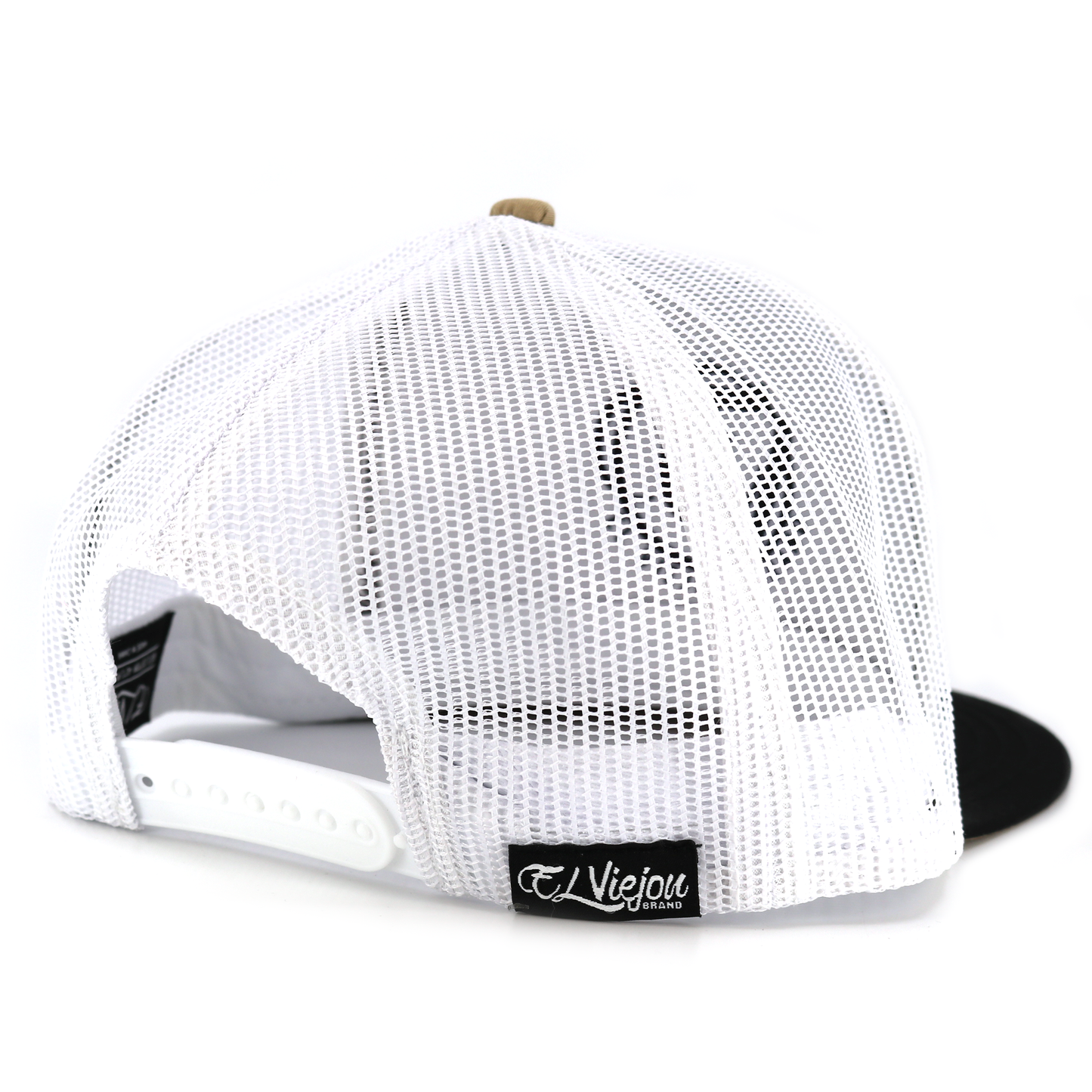 Apache Black/Khaki/White flat visor hat with white mesh back and adjustable snapback.