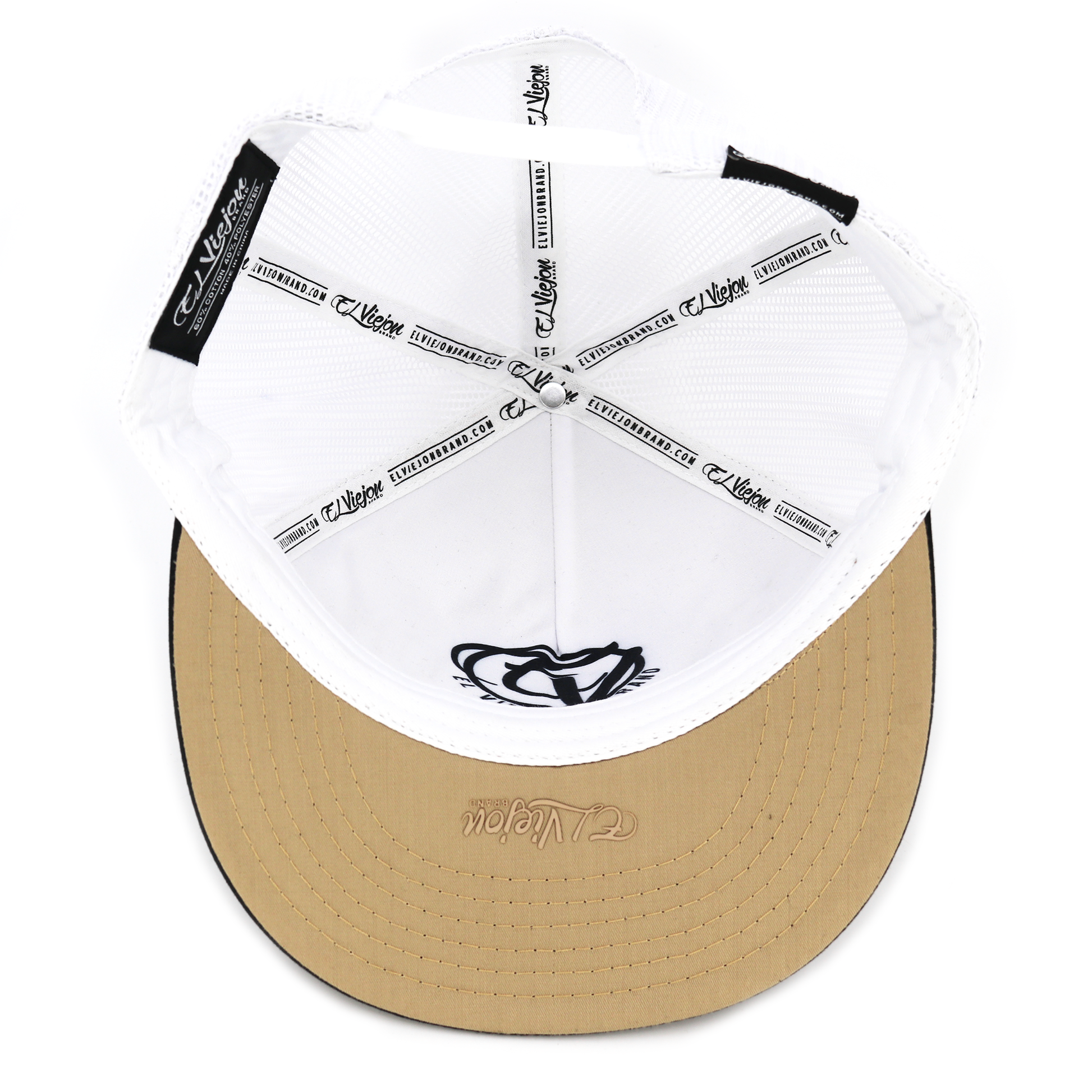 Apache Black/Khaki/White flat visor hat, white mesh, khaki underbrim, black logo, adjustable snapback.