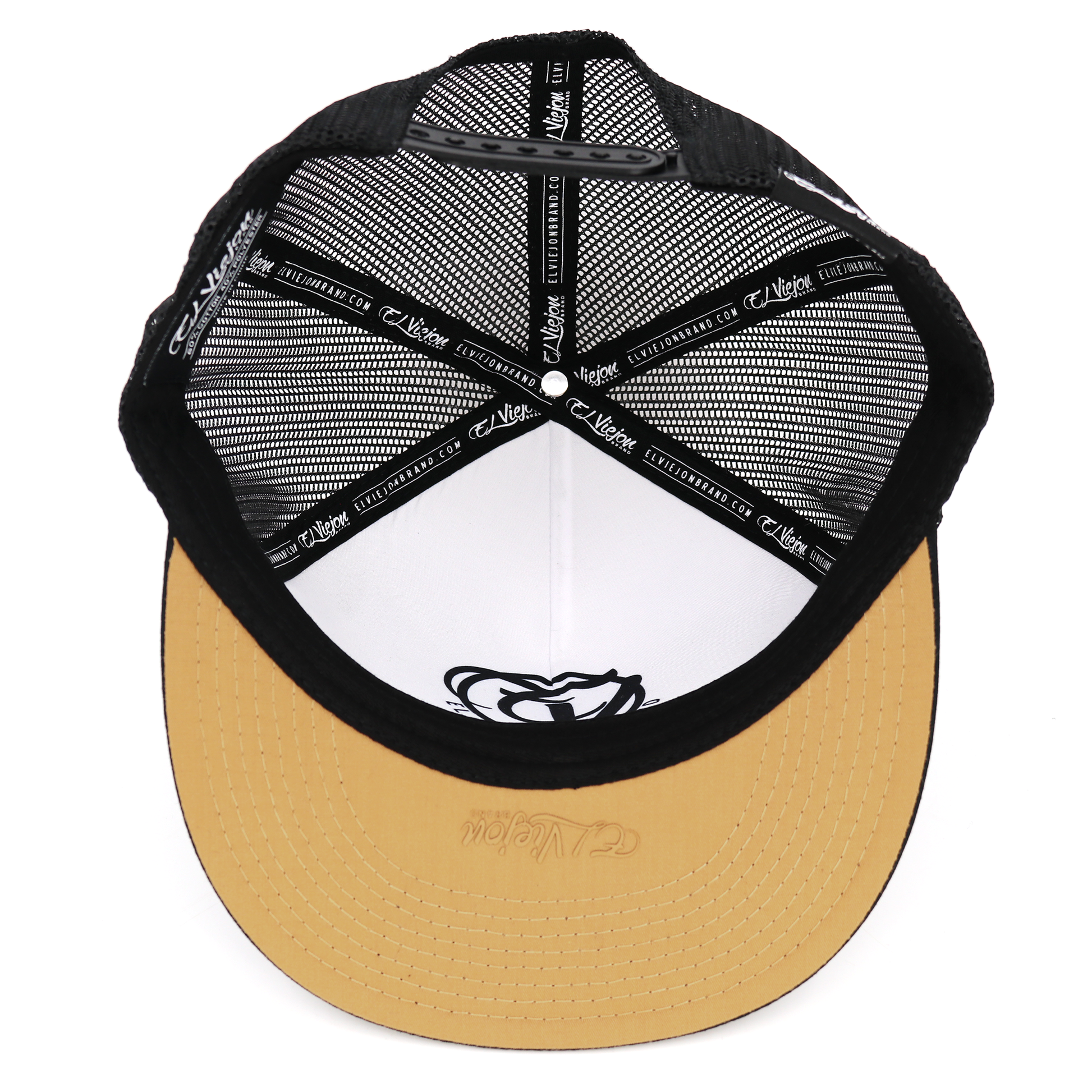 Apache Black flat visor hat, black mesh, white front panel, tan underside brim, adjustable snapback.