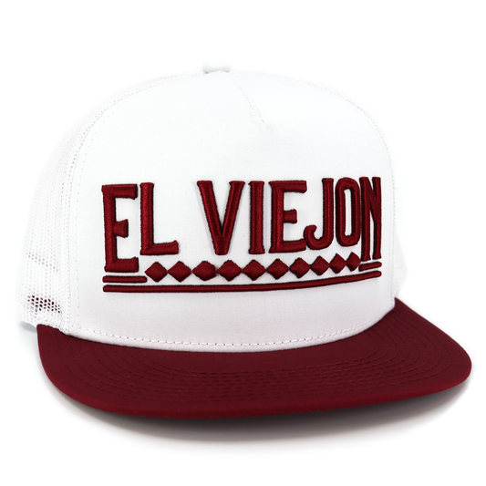 White 5-panel flat visor hat with maroon brim and "EL VIEJON" embroidered in maroon.