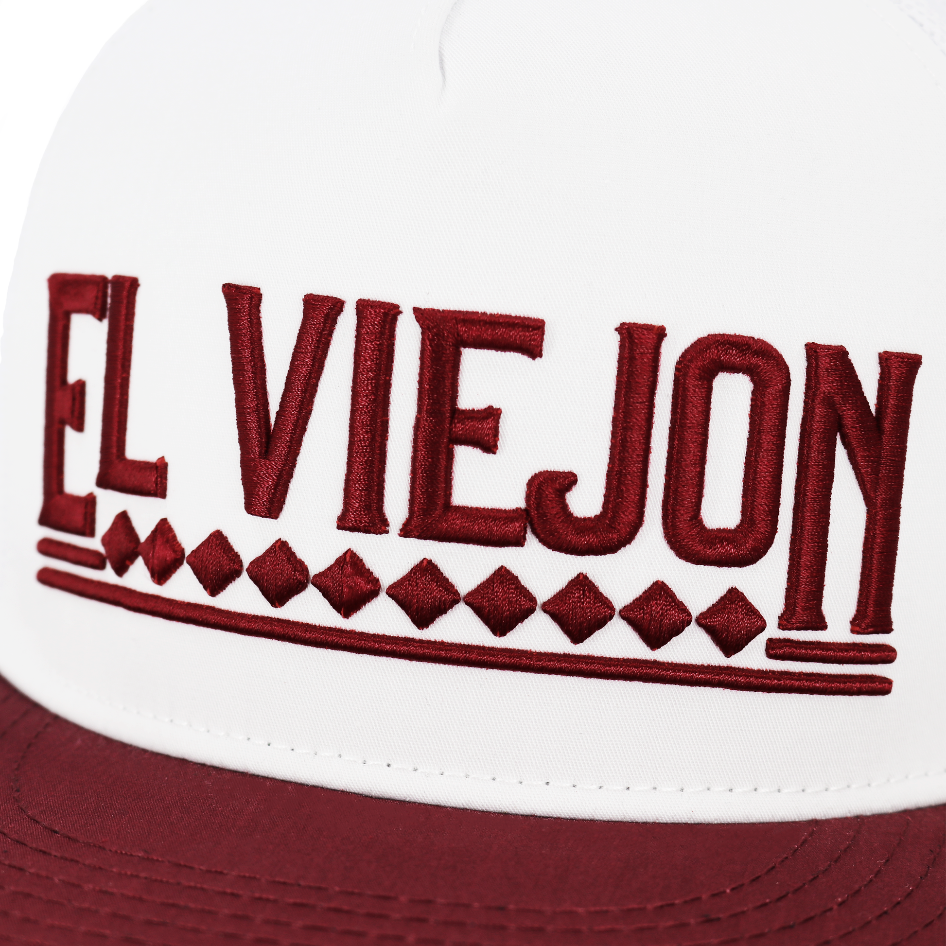 Apache Maroon/White/White flat visor hat with "EL VIEJON" embroidered in maroon, white mesh, and snapback.