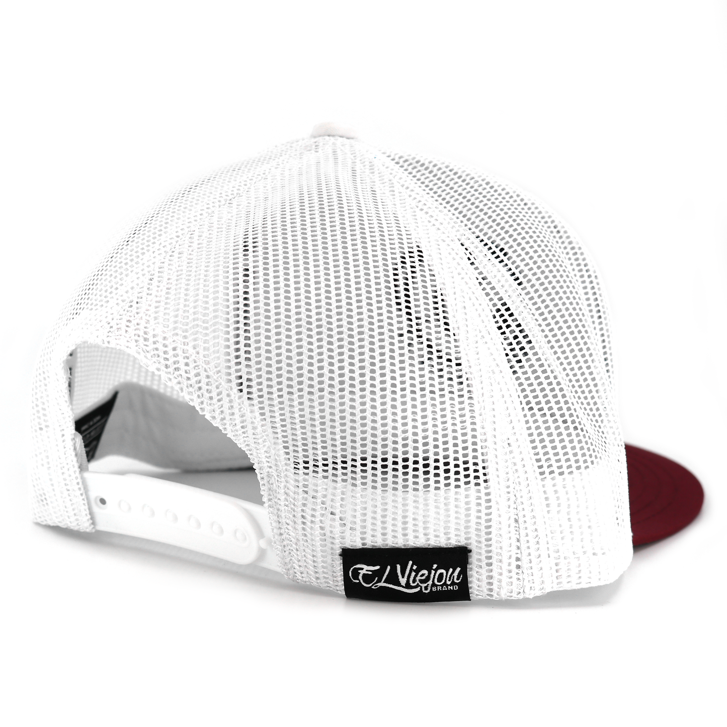 Apache Maroon/White flat visor hat with white mesh back, adjustable snapback, and "Viejo" brand tag.