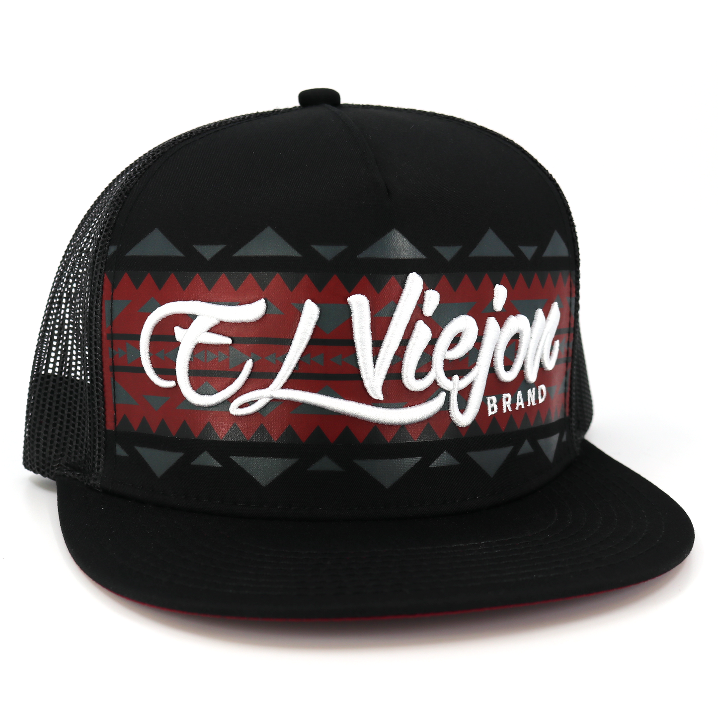 Black flat visor trucker hat with "El Viejon Brand" in white script over a red and gray geometric pattern.