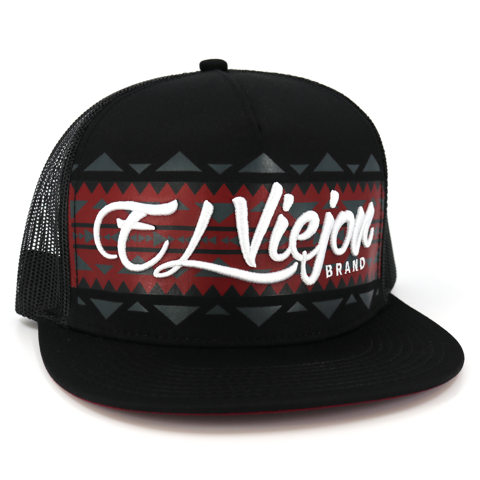 Black flat visor trucker hat with "El Viejon Brand" in white script over a red and gray geometric pattern.