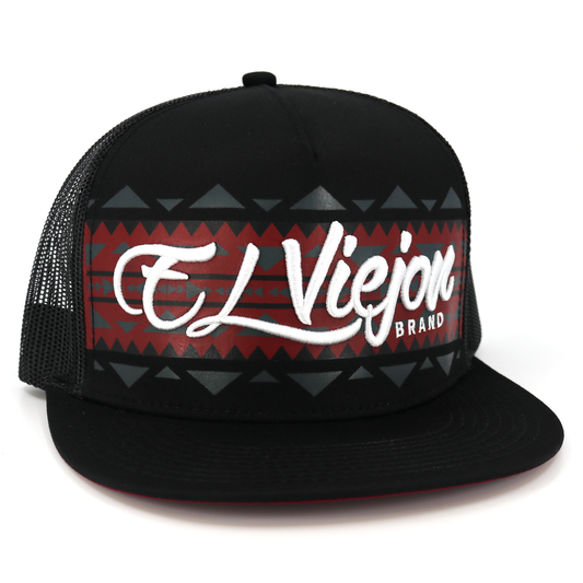 Black flat visor trucker hat with "El Viejon Brand" in white script over a red and gray geometric pattern.