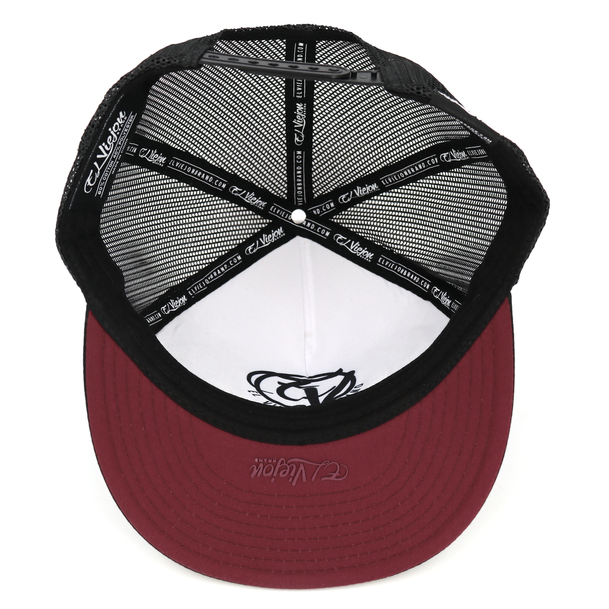 Black mesh snapback hat with a white front panel and a maroon flat visor.