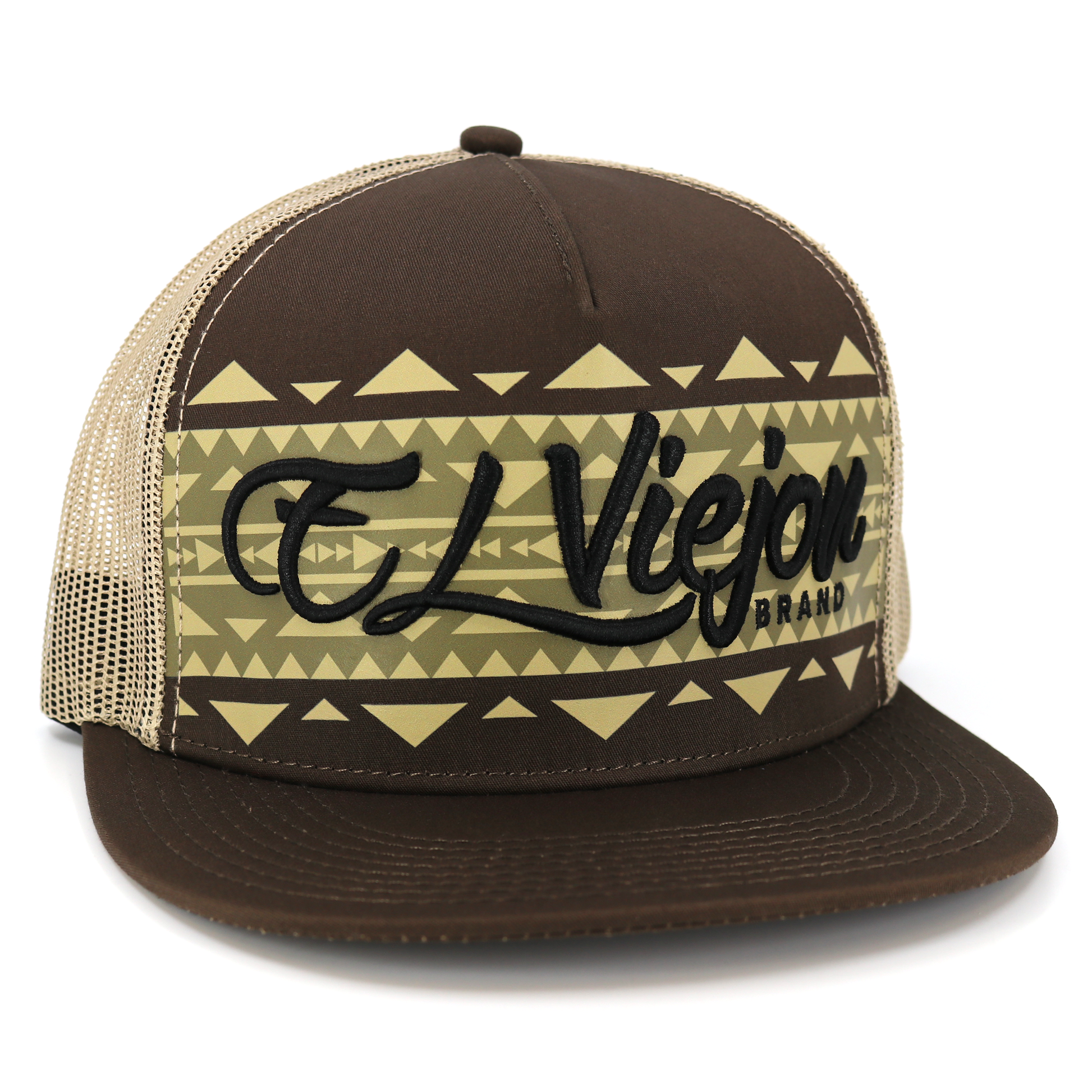Brown flat visor hat with khaki mesh back, "El Viejon Brand" embroidery, and tribal pattern.