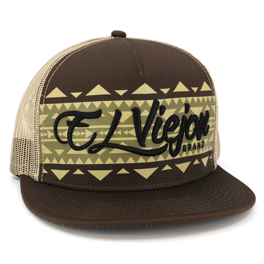 Brown flat visor hat with khaki mesh back, "El Viejon Brand" embroidery, and tribal pattern.