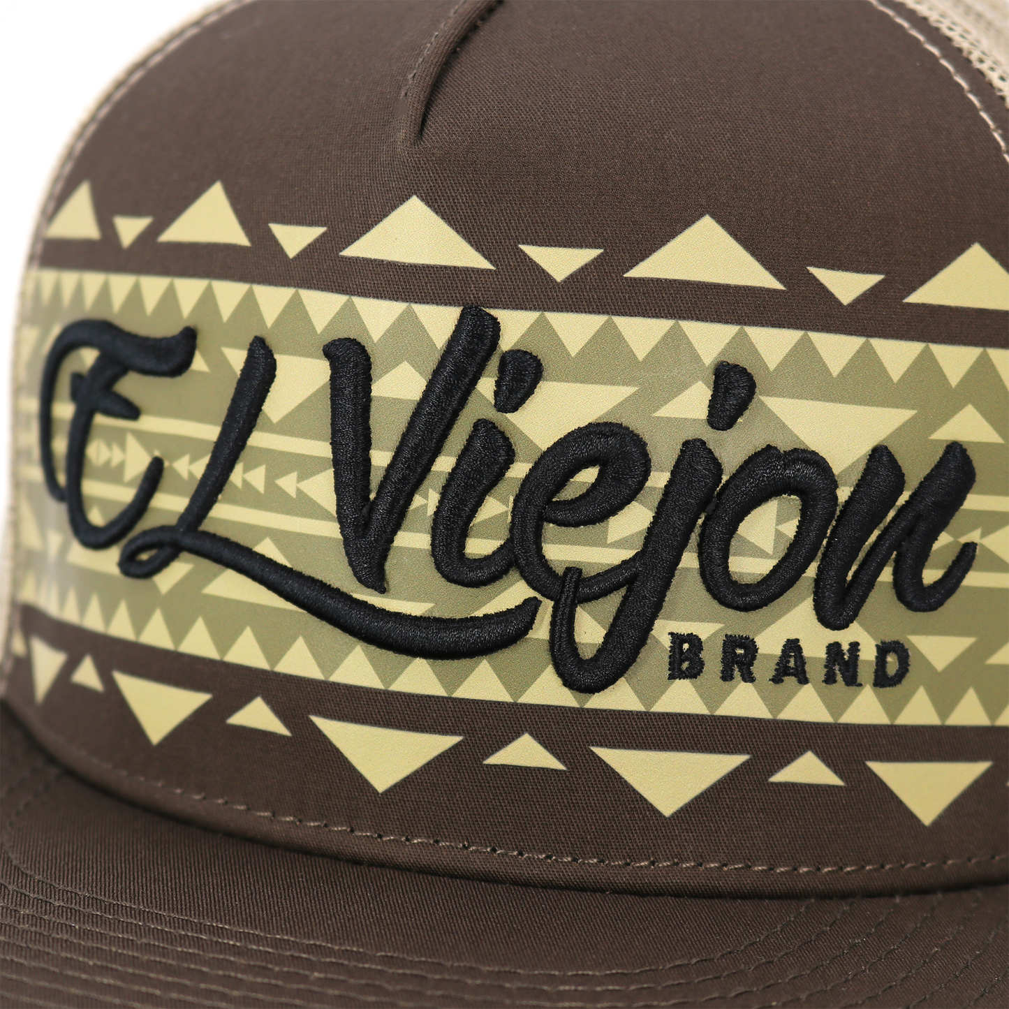 Arizona Brown/Khaki flat visor hat with "El Viejon Brand" embroidered on a geometric pattern.