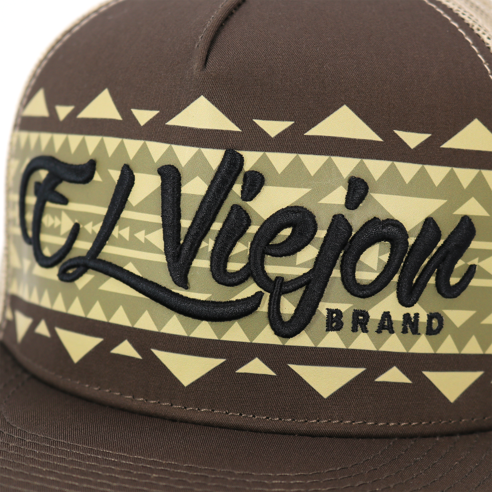 Arizona Brown/Khaki flat visor hat with "El Viejon Brand" embroidered on a geometric pattern.