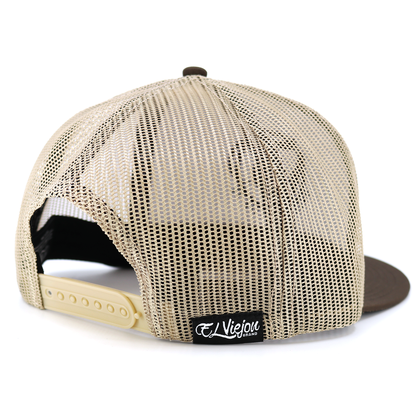 Arizona Brown/Khaki flat visor hat with khaki mesh back, adjustable snapback, and El Viejon Brand tag.