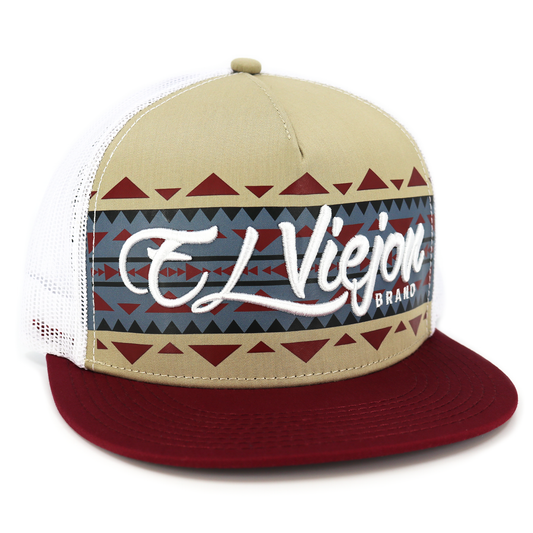 Arizona Maroon/Khaki/White flat visor hat with "El Viejon Brand" logo and tribal pattern.