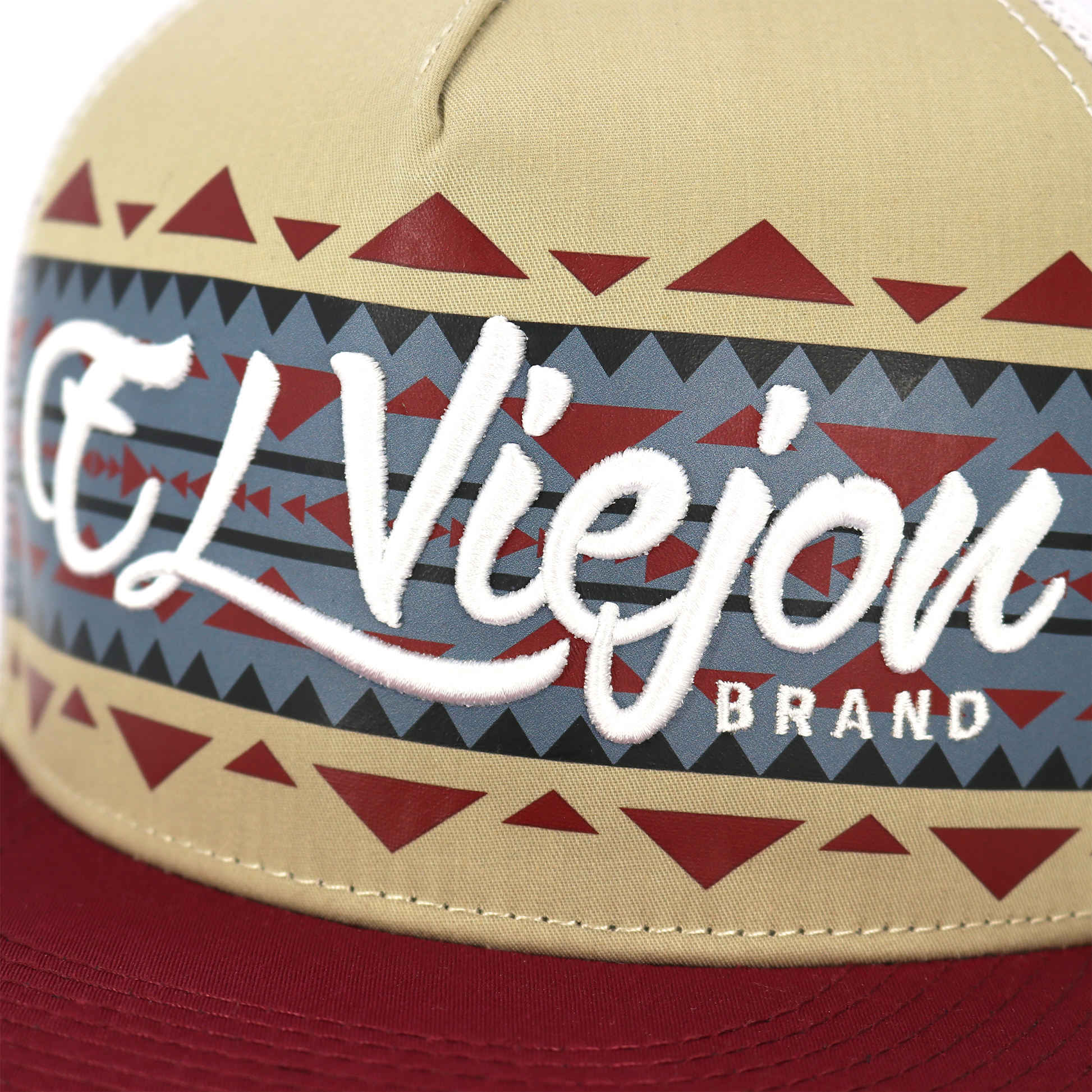 Arizona Maroon/Khaki/White flat visor hat with "El Viejon Brand" embroidered on a tribal pattern.