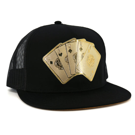 Baraja De Oro Black flat visor trucker hat with gold playing cards emblem.