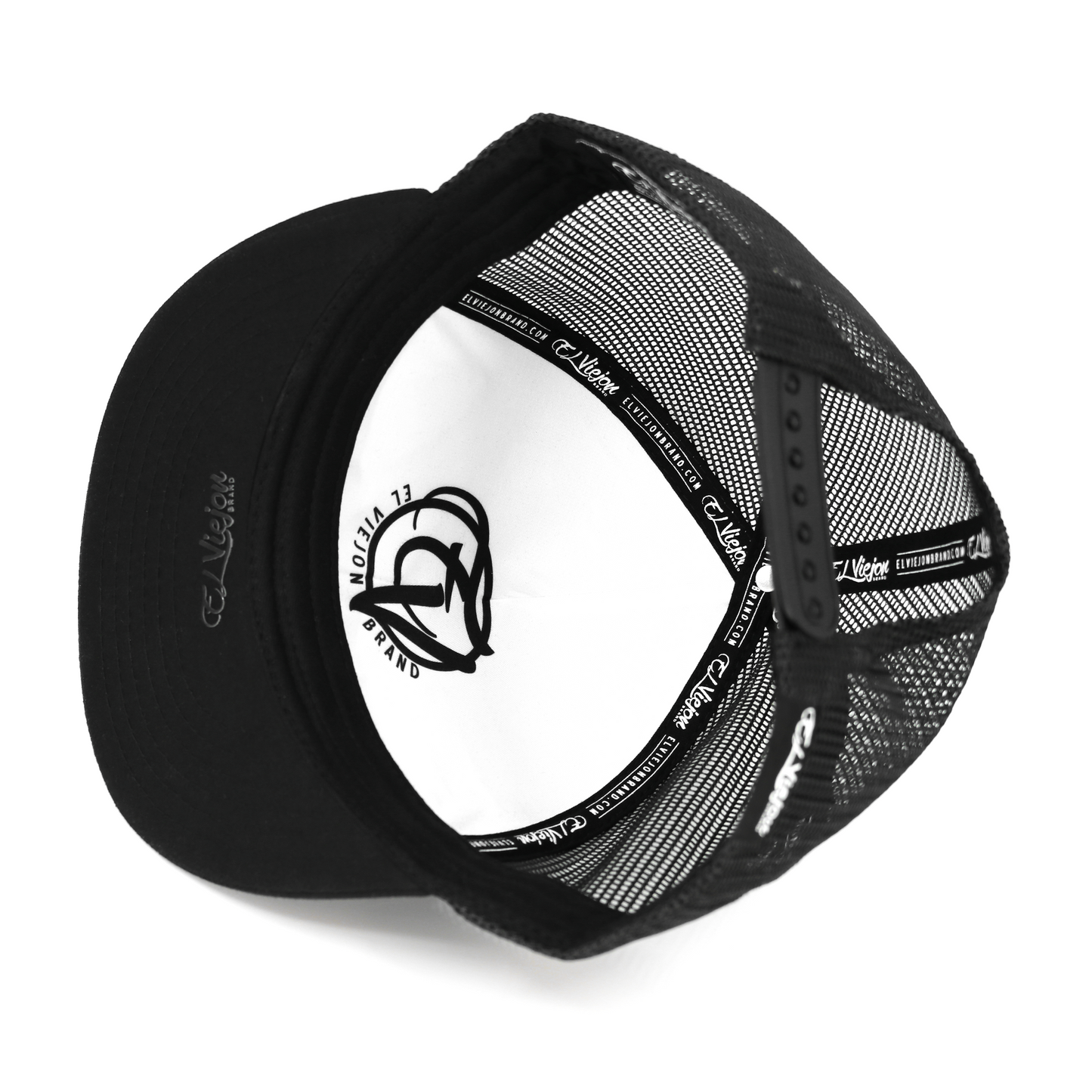 Black EVPatch flat visor hat with mesh back, adjustable snapback, and white inner branding.
