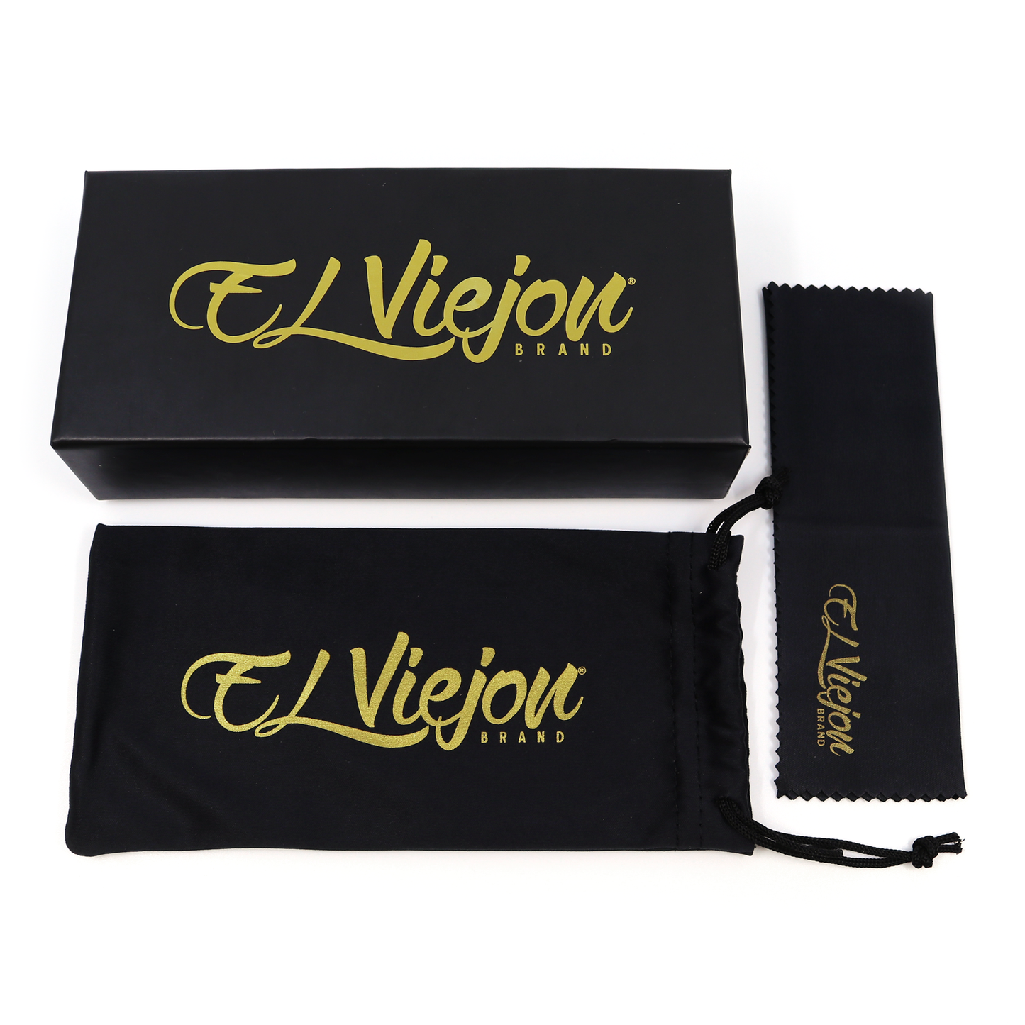 El Viejon Brand black box, protective pouch, and cleaning cloth with gold logos.
