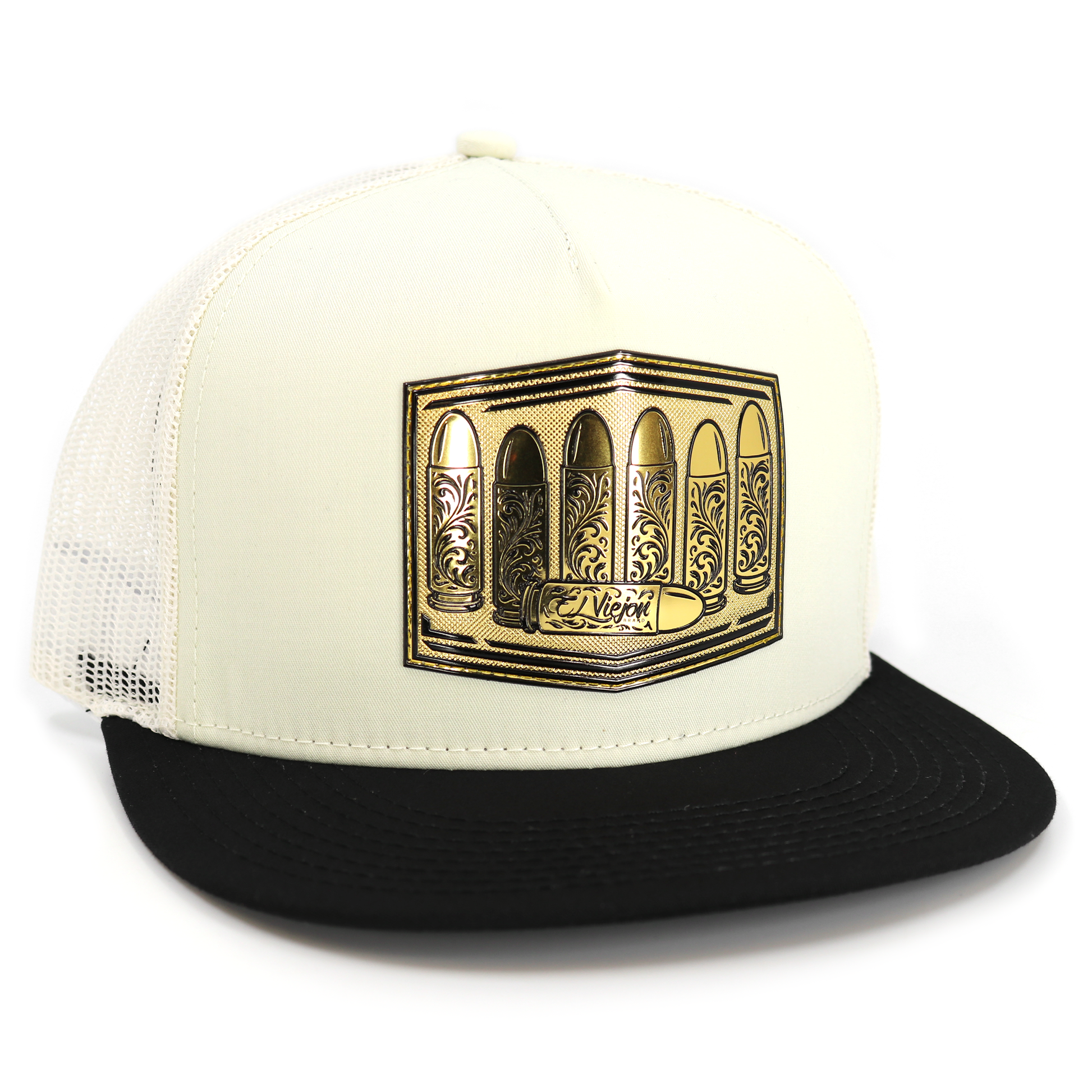 Calibre Black/Ivory flat visor hat with gold bullet design and mesh back.