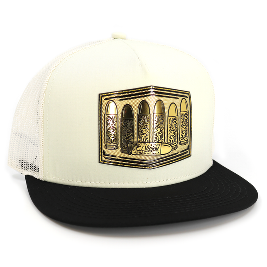 Calibre Black/Ivory flat visor hat with gold bullet design and mesh back.