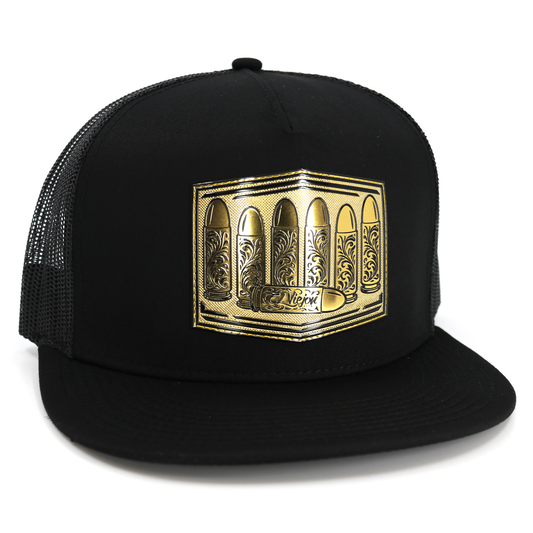 Calibre Black flat visor hat with gold bullet design and black mesh back.