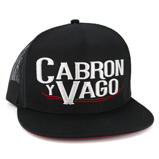 Cabron Y Vago black flat visor hat with silver embroidered logo and red accent.