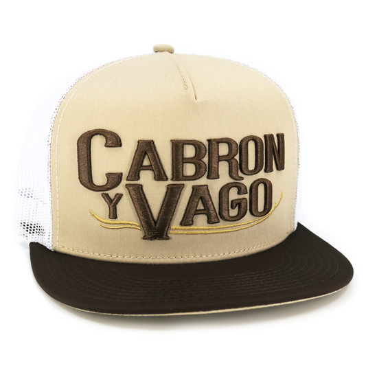 Cabron Y Vago brown, khaki, and white flat visor hat with embroidered logo and white mesh.