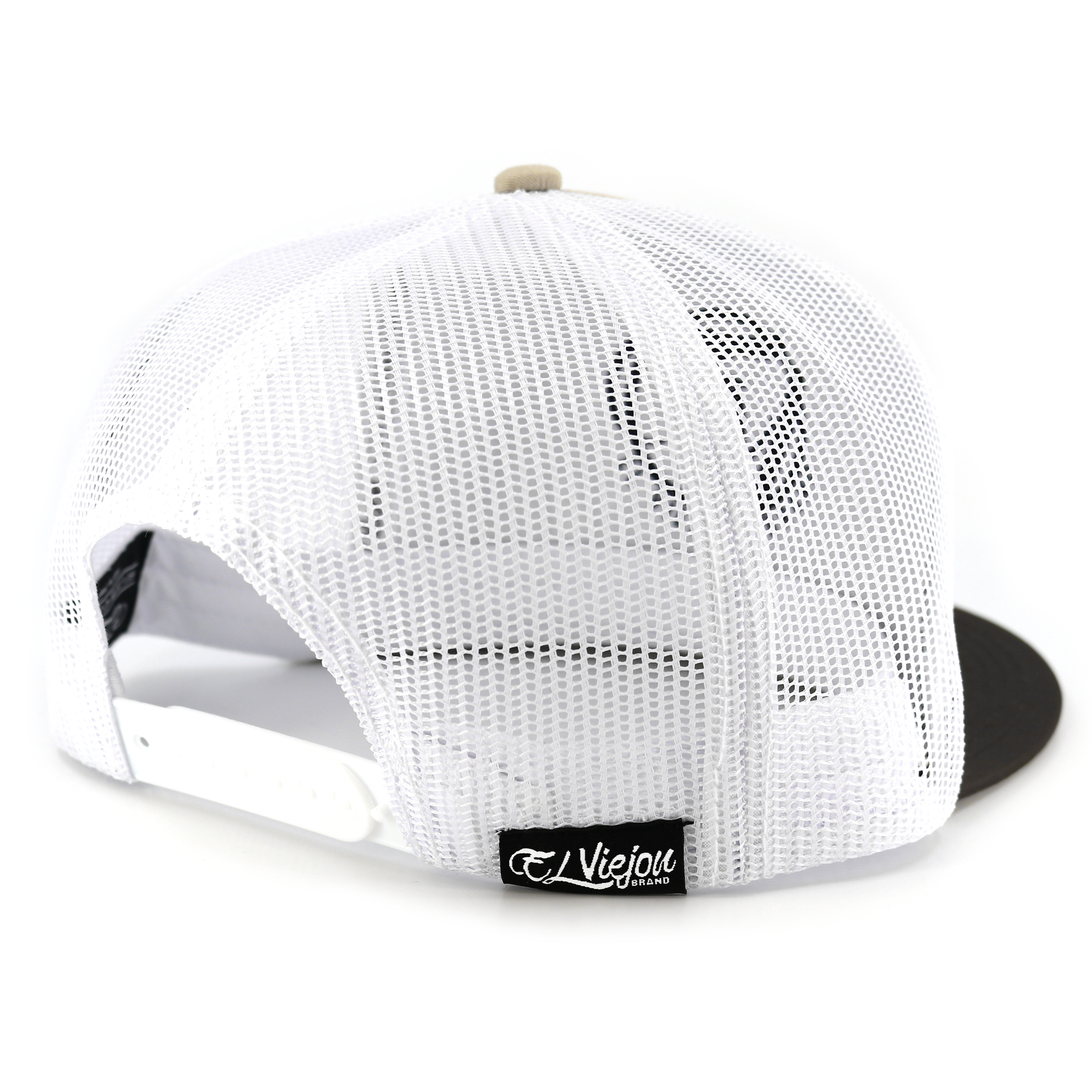 White mesh cap with a brand logo on a white background