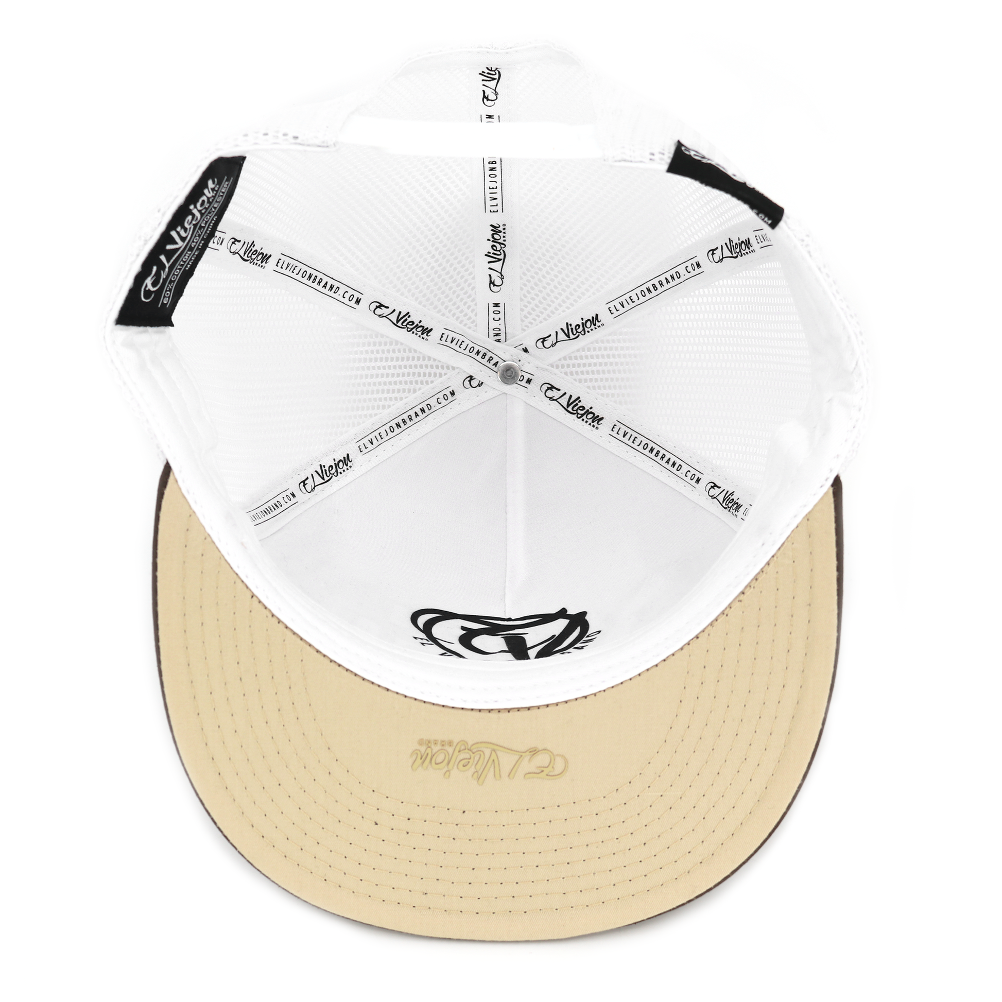 Cabron Y Vago flat visor hat with brown brim, khaki underside, and white mesh crown.