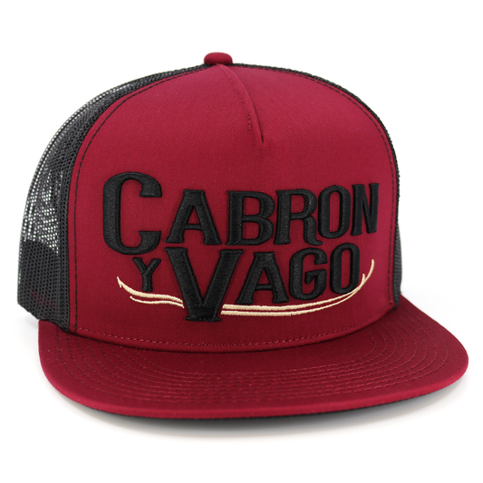 Cabron Y Vago maroon flat visor hat with black mesh back and embroidered logo.