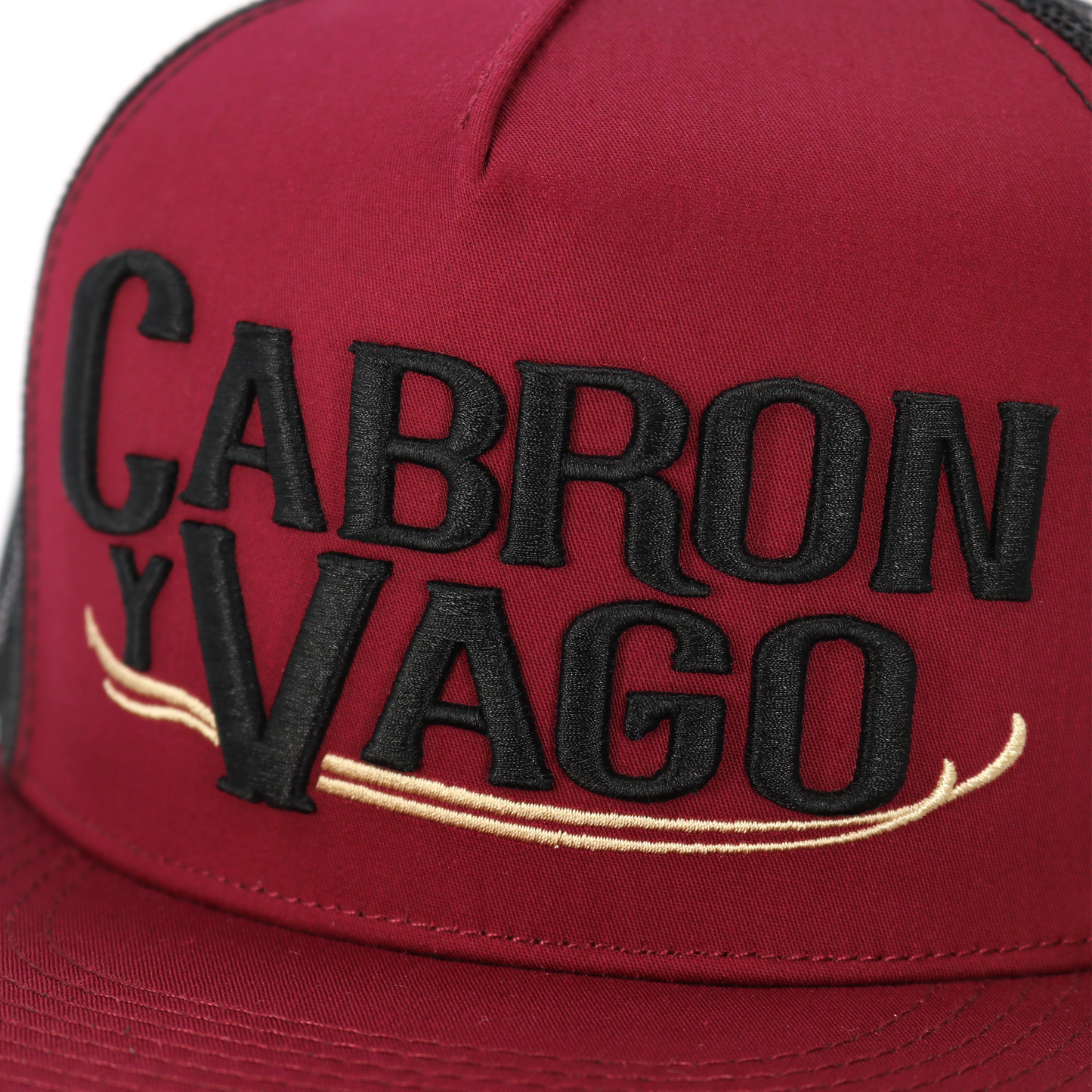 Cabron Y Vago maroon and black flat visor hat with embroidered black text and gold accent.