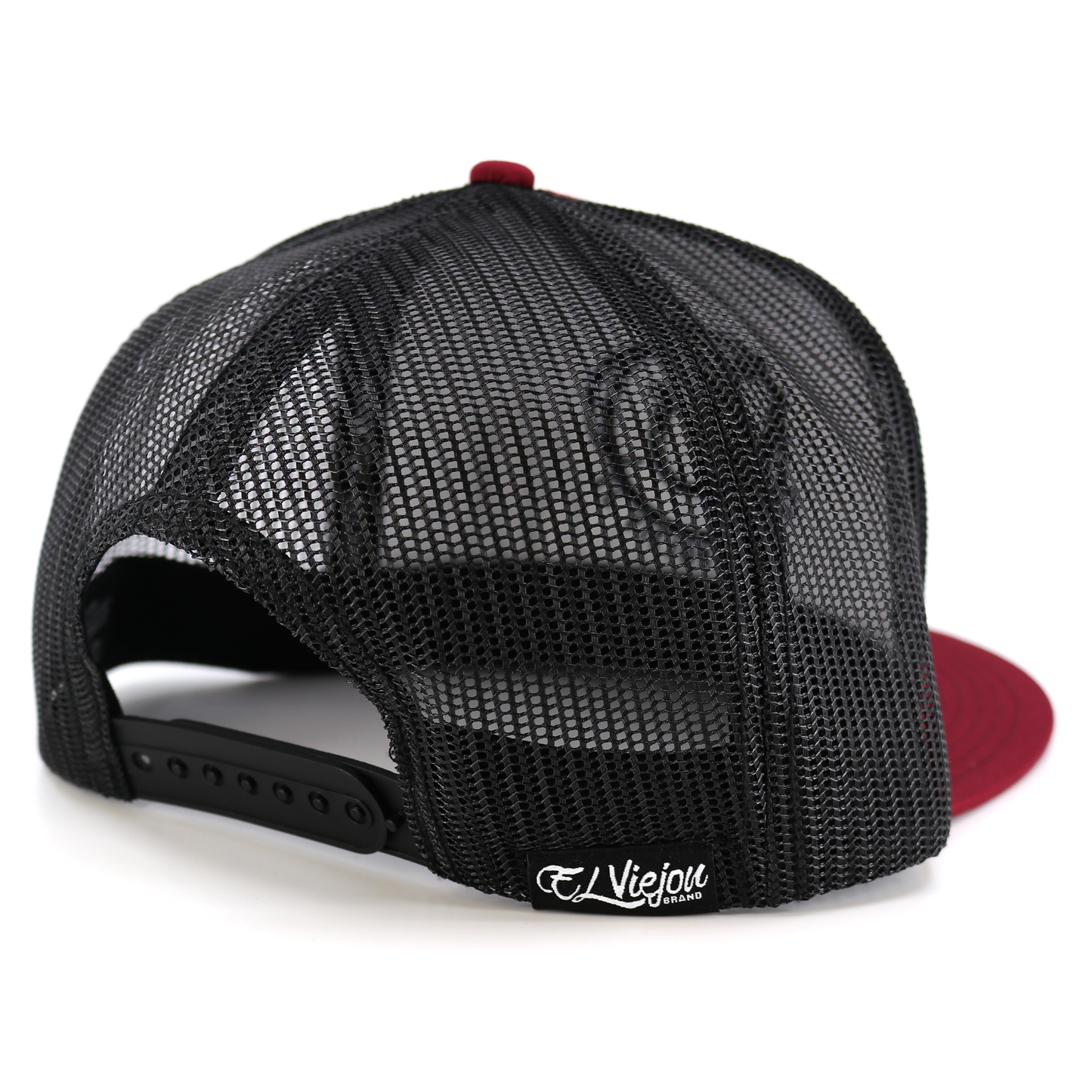 Cabron Y Vago maroon/black flat visor hat with black mesh back and adjustable snapback.