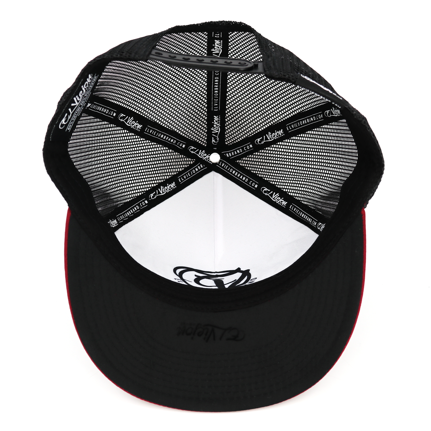 Cabron Y Vago maroon/black flat visor hat with black mesh back and snapback closure.