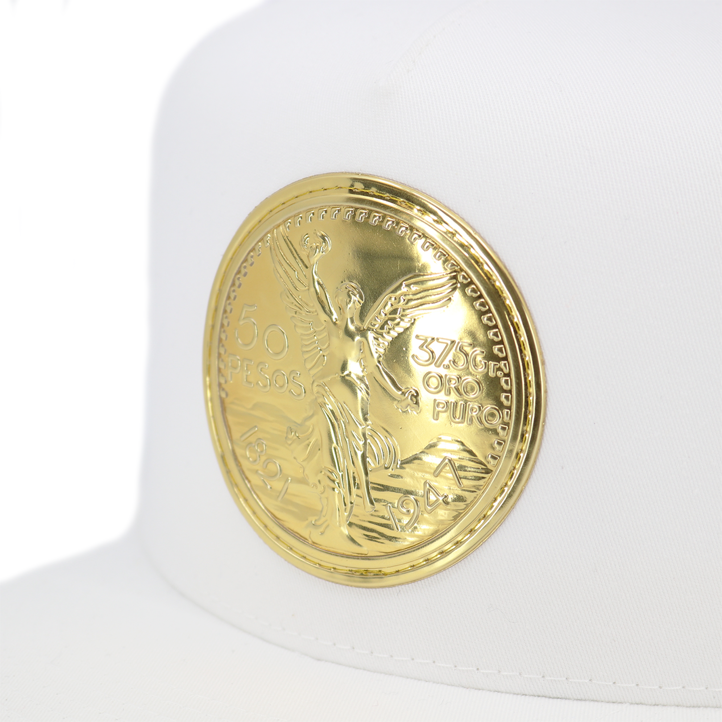 El Cente White Yupoong Classic trucker hat with a gold 50 Pesos coin emblem.