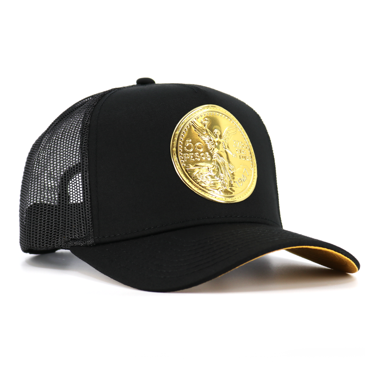 Black AVC hat with black mesh, pre-curved visor, and a prominent gold 50 Pesos coin emblem.