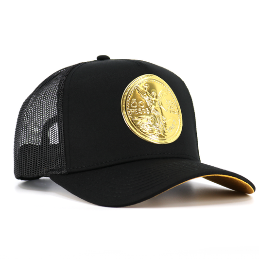 Black AVC hat with black mesh, pre-curved visor, and a prominent gold 50 Pesos coin emblem.