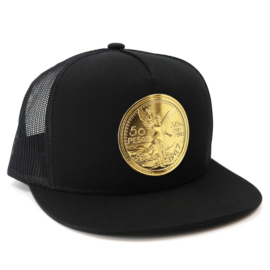 El Cente Black flat visor trucker hat with gold 50 Pesos coin design, black mesh, and snapback.